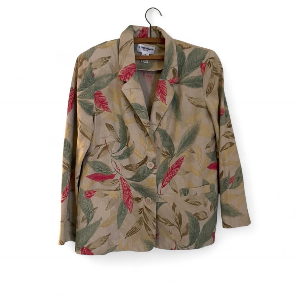 Alfred Dunner Women's 12 Petite Beige Floral Hawaiian Shacket Linen Rayon Blazer